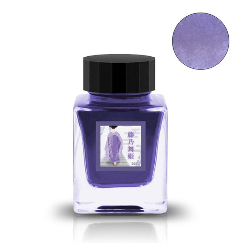 Tono & Lims Fuji no Maihime 藤乃舞姫 fountain pen ink, 30ml. Purple ink in a square glass bottle with a black cap and kimono-themed label.