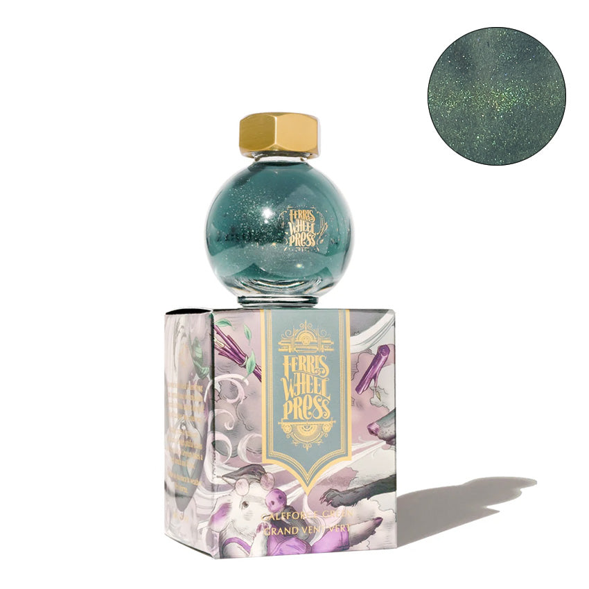 Ferris Wheel Press The Three Little Pigs - Galeforce Green shimmering fountain pen ink, 20ml, in a round glass bottle with gold cap, on a decorative woodland-themed box.