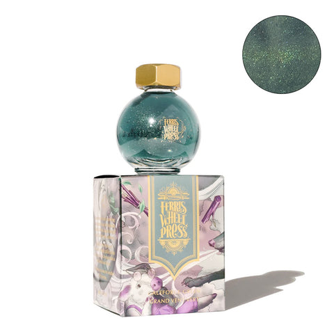 Ferris Wheel Press The Three Little Pigs - Galeforce Green shimmering fountain pen ink, 20ml, in a round glass bottle with gold cap, on a decorative woodland-themed box.