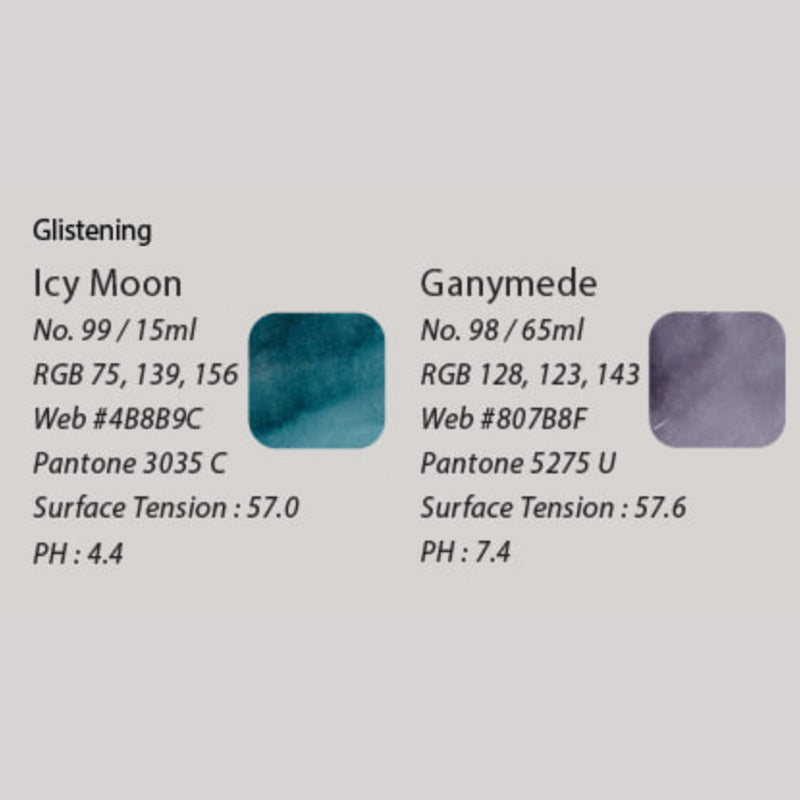 Ganymede & Icy Moon - 65ml + 15ml Set by Colorverse: shimmering fountain pen ink duo, featuring muted purple-gray and teal-blue green tones, perfect for creative writing.