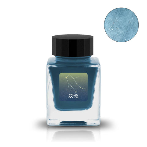 Gemini (Shimmer) - 30ml by Tono & Lims: A square glass bottle of teal-blue, shimmering fountain pen ink with Gemini constellation label, showcasing vibrant color and sparkle.