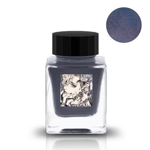 Ghost Flower - 30ml: Square glass bottle of smoky gray-blue ink, featuring a decorative anime-style label with floral motifs and black faceted cap.