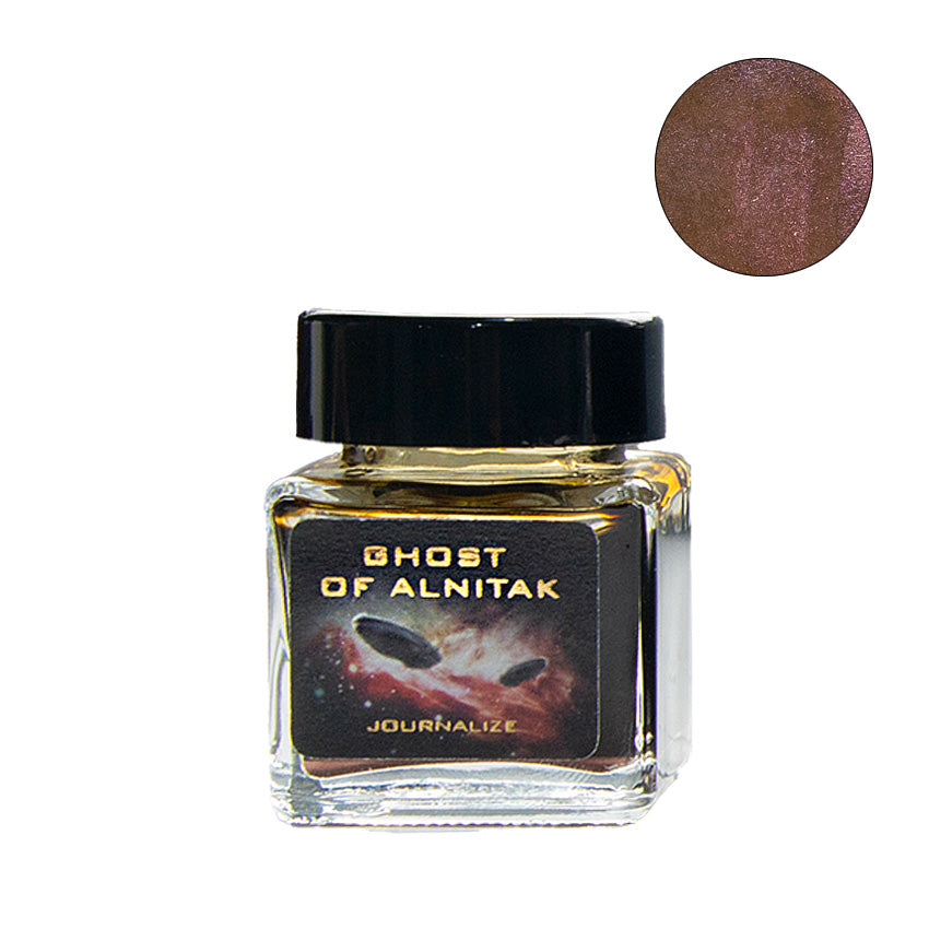Journalize Ghost of Alnitak (Shimmer) - 30ml fountain pen ink in a square glass bottle, featuring a deep bronzy-brown hue with subtle metallic shimmer.