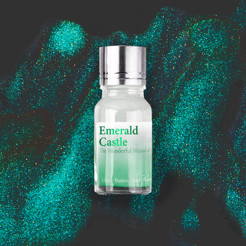 Wearingeul Emerald Castle (Wizard of Oz) Glitter Potion - 10ml vial, filled with pale green shimmer liquid, enhances fountain pen ink with dazzling emerald glitter.