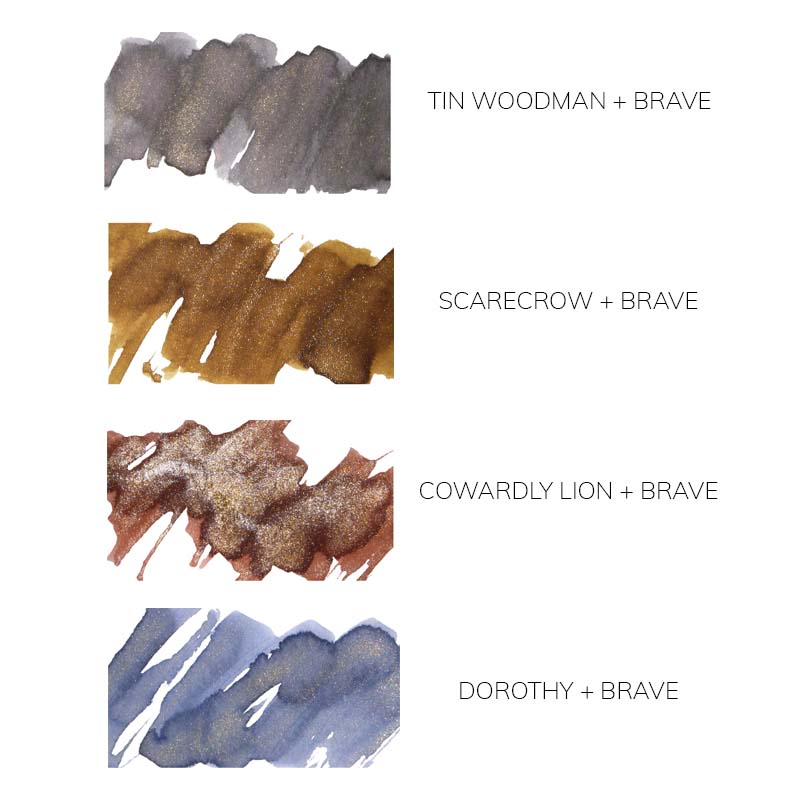 Wearingeul Brave (Wizard of Oz) Glitter Potion - 10ml, shimmer fountain pen ink add-on, features silvery, golden, reddish, and blue-gray blends inspired by Wizard of Oz characters.