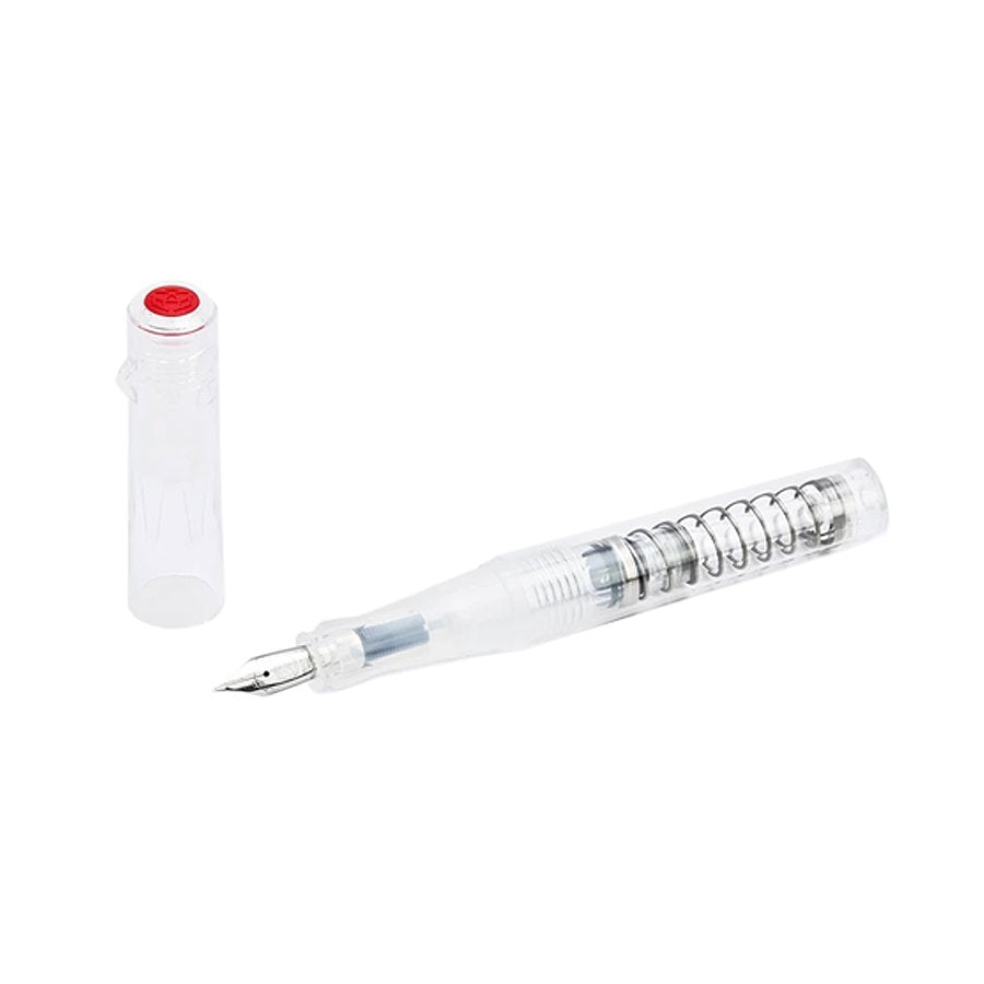 GO (Clear) - Extra Fine fountain pen with visible nib section, transparent ink converter, and spring piston mechanism, shown with snap-on cap beside it.