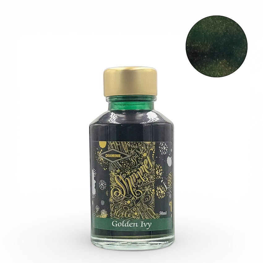 Diamine Shimmer Golden Ivy fountain pen ink, 50ml bottle, features dark green ink with gold shimmer. Ideal for writing enthusiasts, vegan-friendly, safe for vintage pens.
