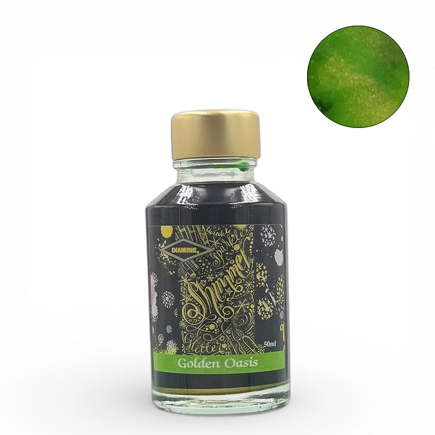 Golden Oasis (Shimmer) - 50ml Diamine fountain pen ink, featuring green with gold shimmer, in a glass bottle with a gold cap.