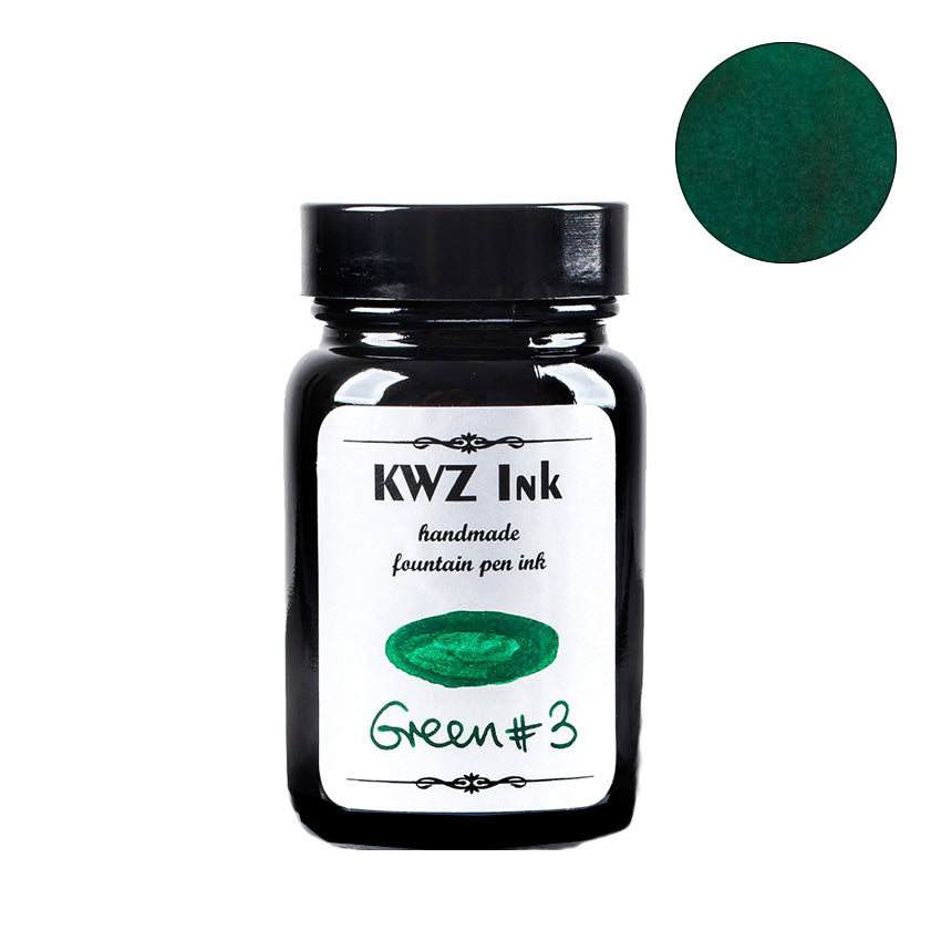 KWZ Ink's Green #3 fountain pen ink in a 60ml glass bottle, featuring a deep green swatch, known for unique handmade qualities.