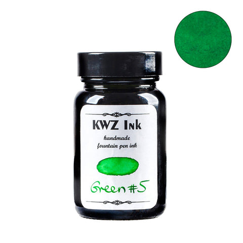 KWZ Ink Green #5 - 60ml fountain pen ink bottle, featuring a black cap and white label with a bright green ink swatch, handmade for unique writing.