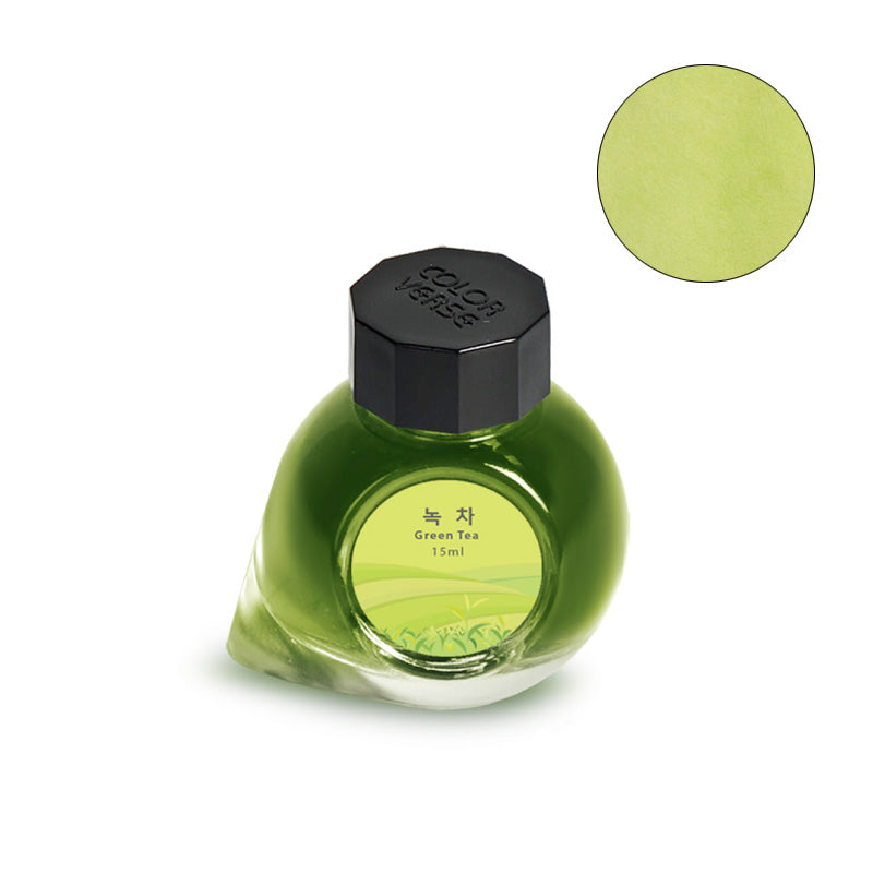 Colorverse Project Ink No.050 Green Tea fountain pen ink, 15ml. Deep-green bottle, black octagonal cap, labeled in Korean and English, displaying a light green swatch.