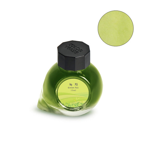 Colorverse Project Ink No.050 Green Tea fountain pen ink, 15ml. Deep-green bottle, black octagonal cap, labeled in Korean and English, displaying a light green swatch.