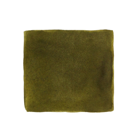 KWZ Ink Green Gold fountain pen ink, 60ml bottle, displayed against white background, showcasing an olive-green suede-like fabric to represent the ink's unique hue.