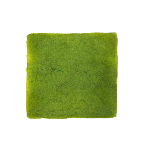 KWZ Ink Green Gold #2 - 60ml fountain pen ink, showcased with a square swatch of bright green, fuzzy material resembling felt or artificial moss.
