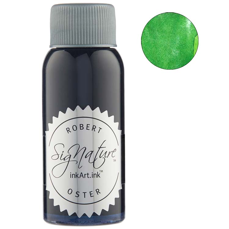 Robert Oster Signature Green Lady (Shake 'N' Shimmy) fountain pen ink, 50ml bottle, showcasing a vivid, slightly shimmery green hue.