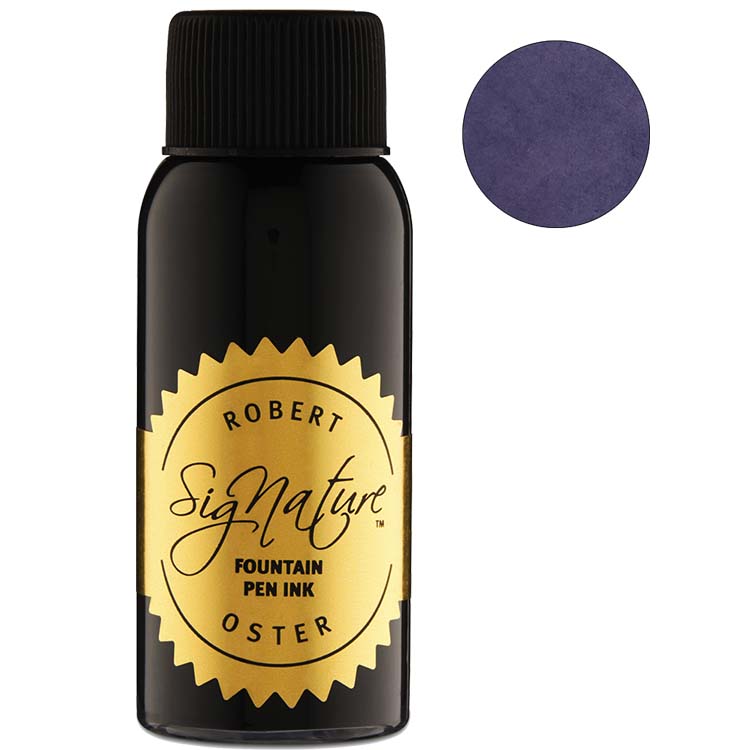 Robert Oster Gummy Shark fountain pen ink, 50ml, in a glass bottle with black cap and gold label, showcasing its vibrant purple swatch.