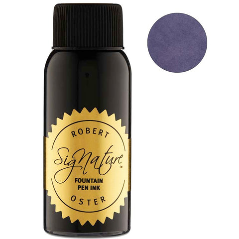 Robert Oster Gummy Shark fountain pen ink, 50ml, in a glass bottle with black cap and gold label, showcasing its vibrant purple swatch.
