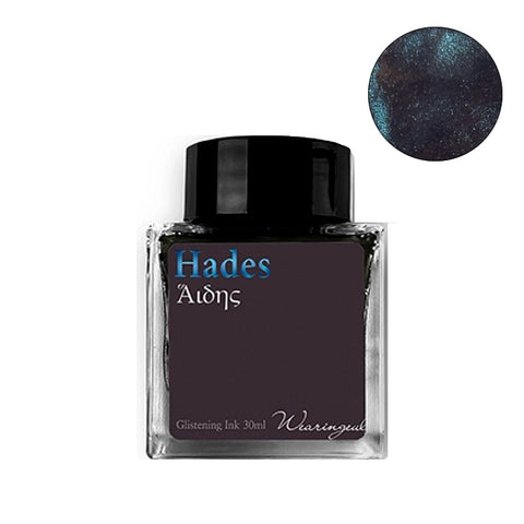 Hades (Shimmer) - 30ml fountain pen ink by Wearingeul, featuring a dark base with blue-green sparkle, presented in a 30 ml glass bottle.