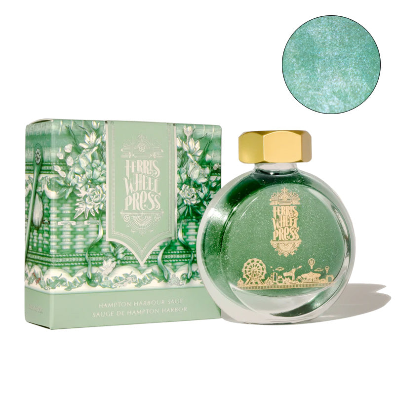 Ferris Wheel Press Hampton Harbour Sage (Shimmer) - 38ml fountain pen ink in a round glass bottle with gold cap, paired with a decorative box.