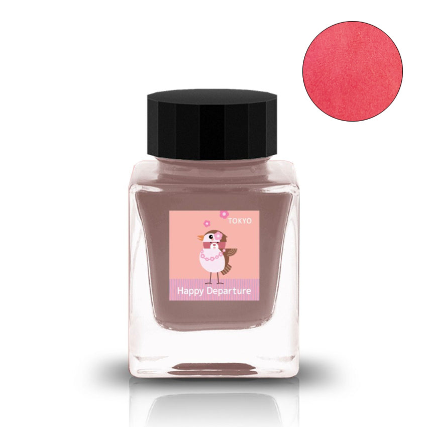 Happy Departure (Tokyo Special) - 2ml ink sample in a square glass bottle with coral ink, featuring a cartoon bird on the label.