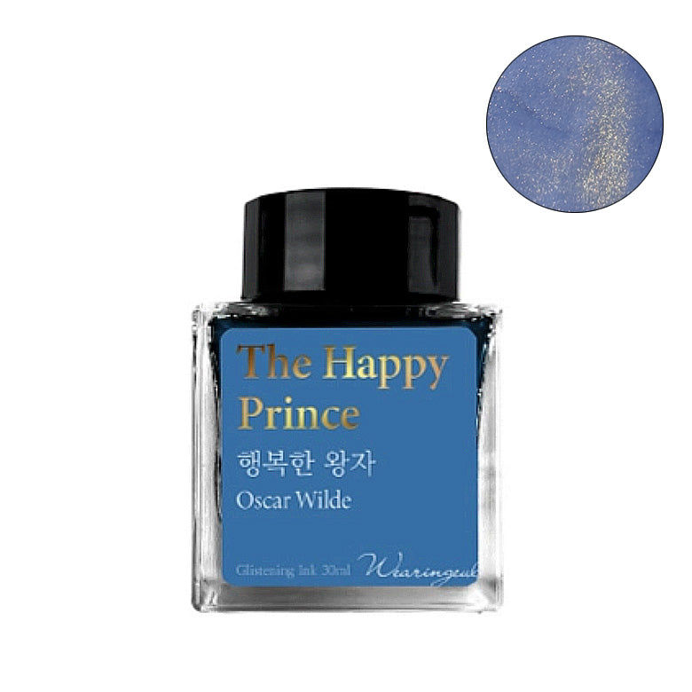 Wearingeul The Happy Prince 30ml fountain pen ink in a glass bottle, featuring deep blue color with gold shimmer, inspired by Oscar Wilde's literature.