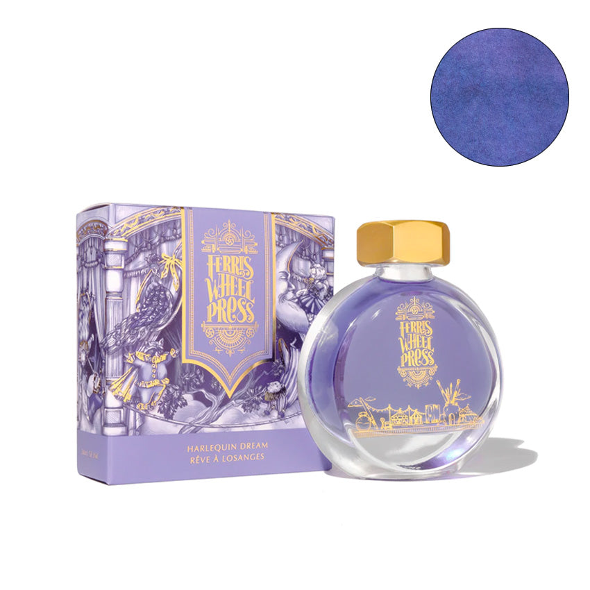 Ferris Wheel Press Harlequin Dream 38ml fountain pen ink, featuring a decorative purple carton with gold carousel artwork, and a round glass bottle with gold cap.