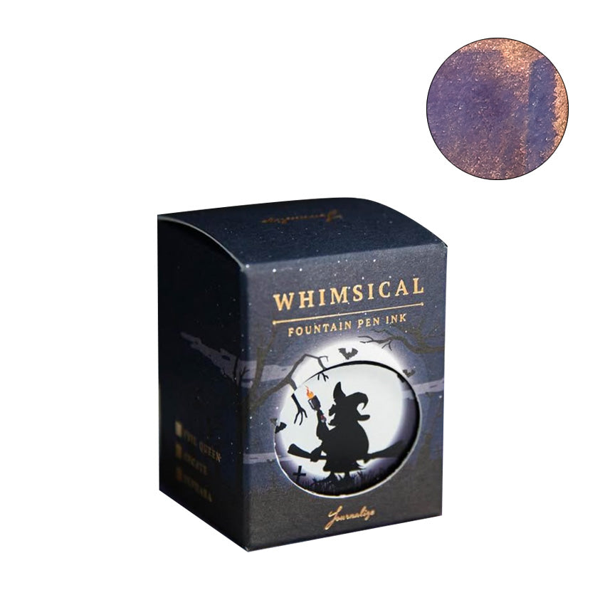 Journalize Hecate (Shimmer) - 30ml fountain pen ink, featuring gold-foil packaging with a witch silhouette and deep purple hue with coppery sheen.