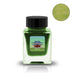 Heian (Shimmer) - 2ml: A small square glass bottle of bright green fountain-pen ink featuring a Japanese temple label and subtle gold shimmer.