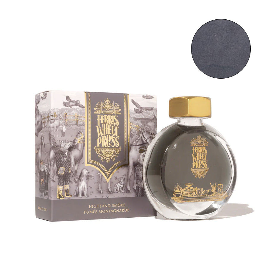 Ferris Wheel Press Highland Smoke fountain pen ink, 30ml, shown with its illustrated box and dark-gray ink swatch, ideal for fountain pen enthusiasts.