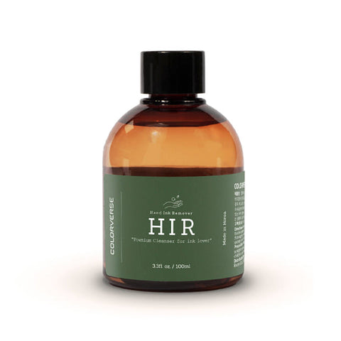 HIR - 100ml: Hand Ink Remover by Colorverse, in an amber bottle with black cap, ideal for ink stains on skin, featuring soothing botanical extracts.
