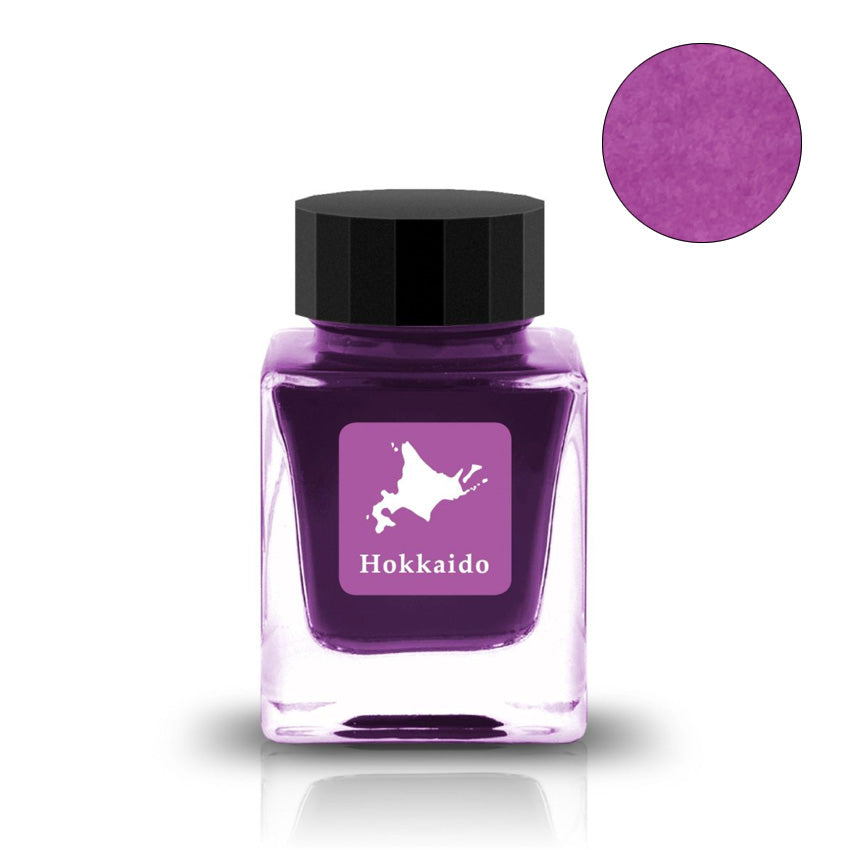 Tono & Lims Hokkaido (Attractive Offer) 30ml fountain pen ink in a square glass bottle, featuring a violet-purple swatch and Hokkaido label design.