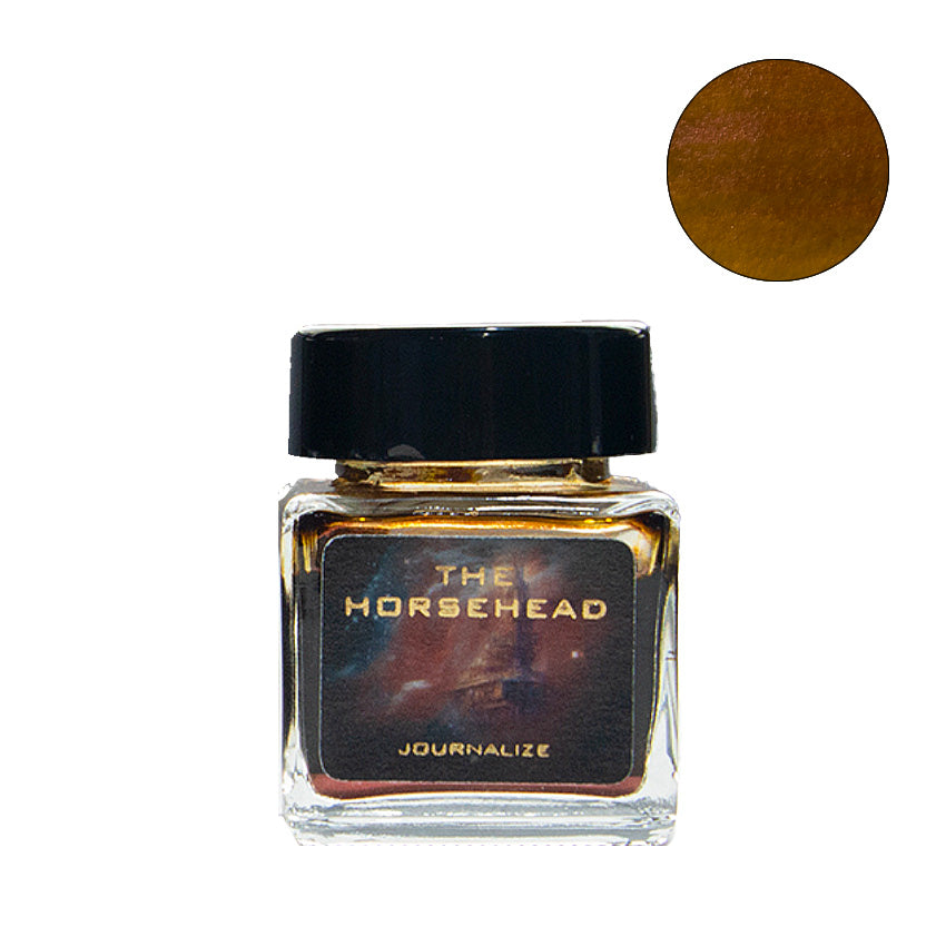 The Horsehead (Shimmer) - 30ml fountain pen ink by Journalize, features a warm, golden-brown hue, showcasing shimmering particles in a square-glass bottle with a black screw-top lid.