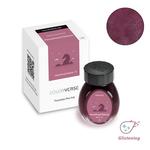 Colorverse Horsehead Nebula fountain pen ink, 30ml, features a deep burgundy with shimmering flecks, presented in a star-speckled bottle and matching box.