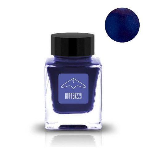Tono & Lims Horten 229 fountain pen ink, 30ml, in a square-shouldered glass bottle, showcasing deep blue-violet dye-based ink with black screw-cap.