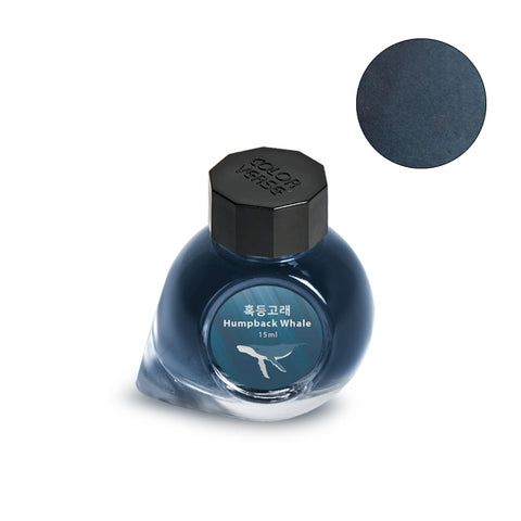 Colorverse Project Ink No.055 Humpback Whale - 15ml fountain pen ink in a jewel-shaped glass bottle with a black cap, showcasing a deep blue-teal shade.