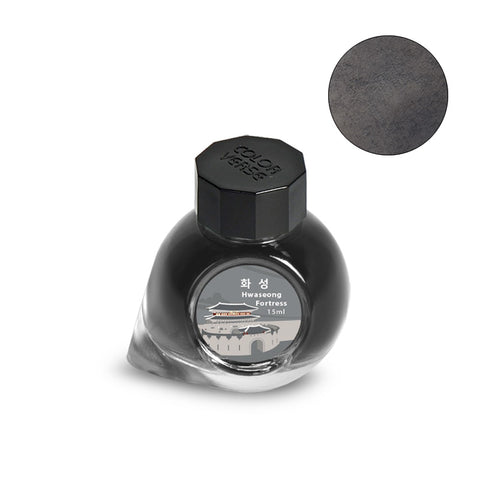 Colorverse fountain pen ink, Project Ink No.060 Hwaseong Fortress, 15ml bottle, features dark gray/charcoal tones, offering a smooth writing experience with plant-based ingredients.