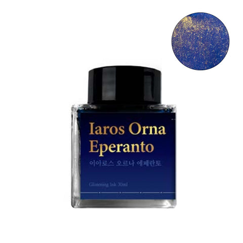 Wearingeul Iaros Orna Eperanto Shimmer fountain pen ink, 30ml bottle, showcases deep blue with gold flecks, ideal for fountain, dip, and glass pens.