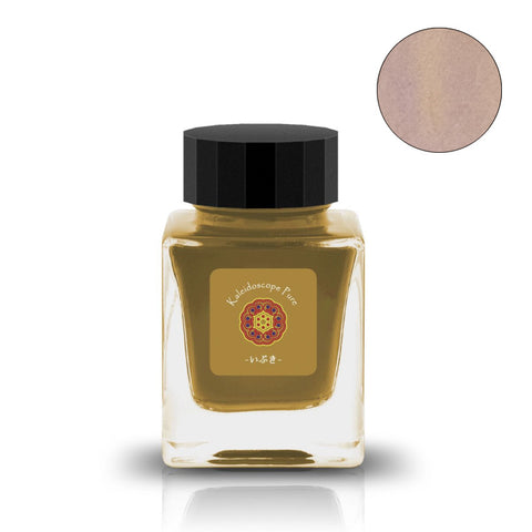 Tono & Lims Kaleidoscope PURE Ibuki いぶき fountain pen ink, 30ml, in a square glass bottle, showing warm mustard-gold/olive-brown tone.