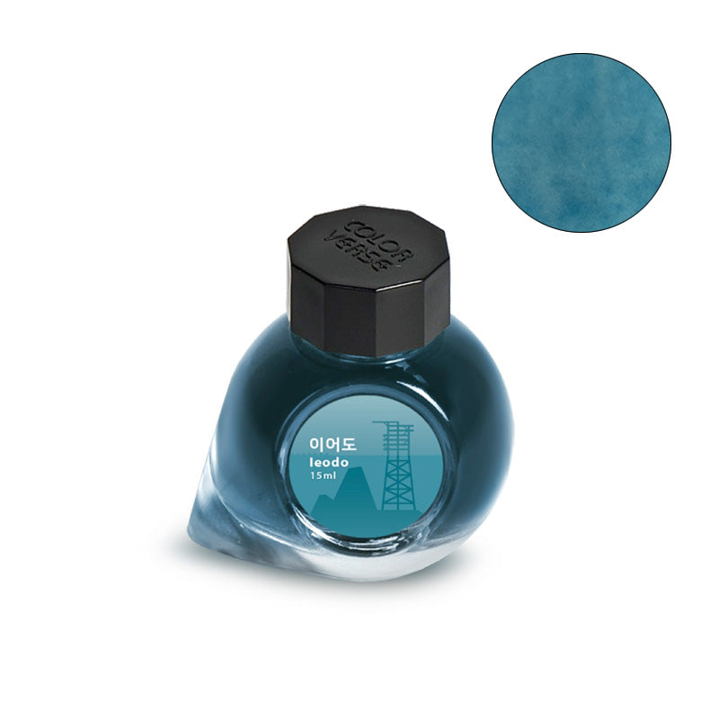 Colorverse Project Ink No.056 Ieodo, 15ml fountain pen ink. Glass bottle features a tower and mountain motif with a teal-blue hue swatch.