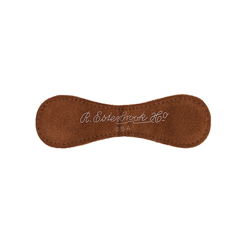 Esterbrook Estie - Funky Lake / Gold - Broad fountain pen rests on suede pad, showcasing its elegant design and broad nib, ideal for vintage pen enthusiasts.