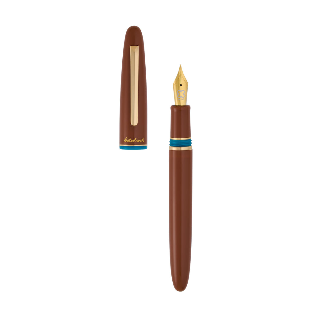 Esterbrook Estie fountain pen disassembled, showing warm brown resin body with gold trim, turquoise accents, and two-tone nib; model: Incredible Rock, broad nib.