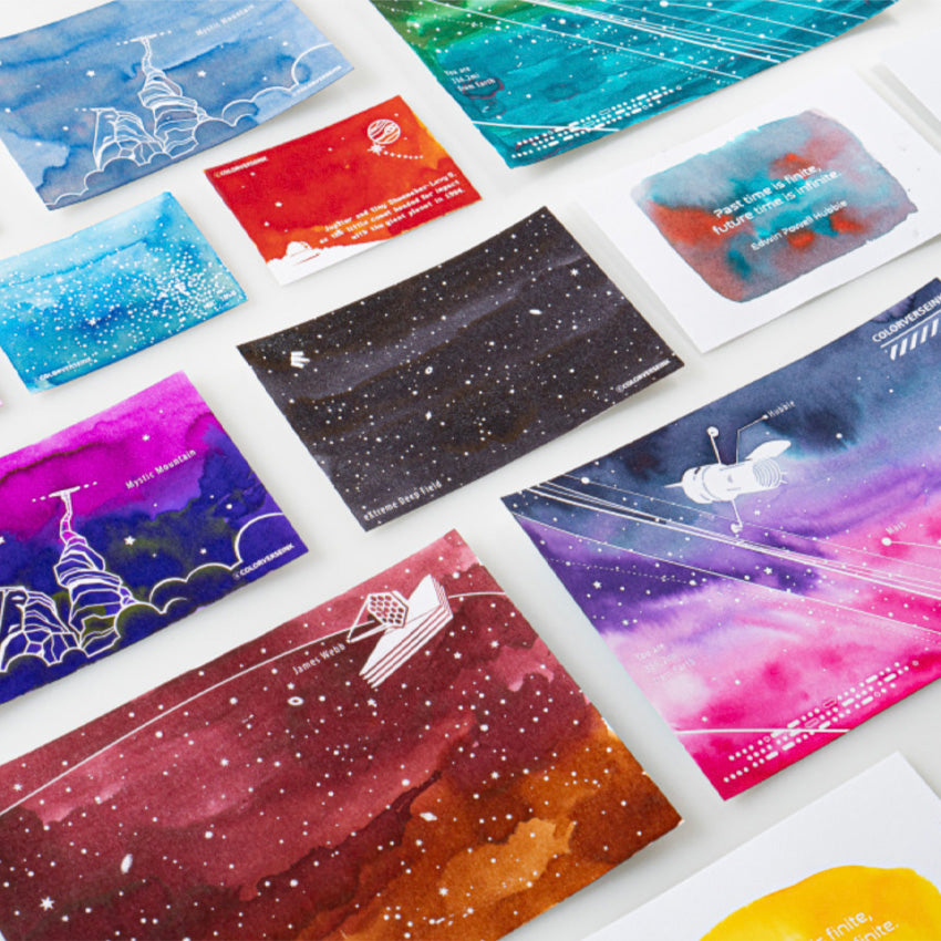 Ink Swatch Cards - Colorspace Size C (Hubble) featuring space-themed watercolor designs with line drawings on fountain pen friendly 200gsm paper, by Colorverse.