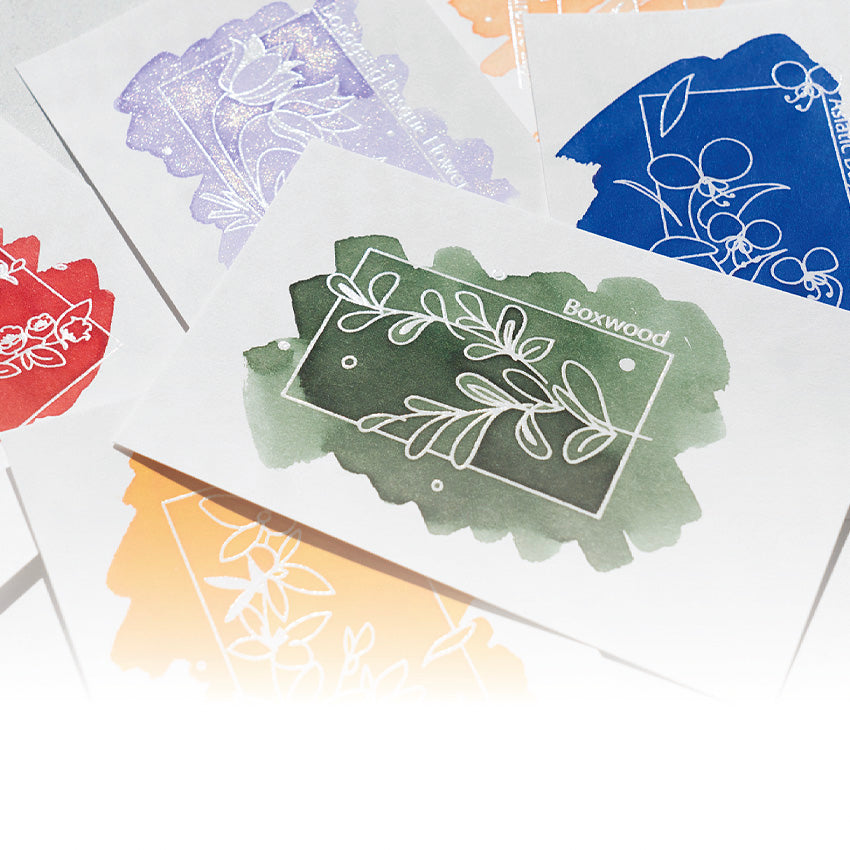 Colorverse Ink Swatch Cards - Size B (Wildflower), featuring botanical line drawings on watercolor backgrounds, displayed on premium fountain pen friendly paper, pack of 40 cards.