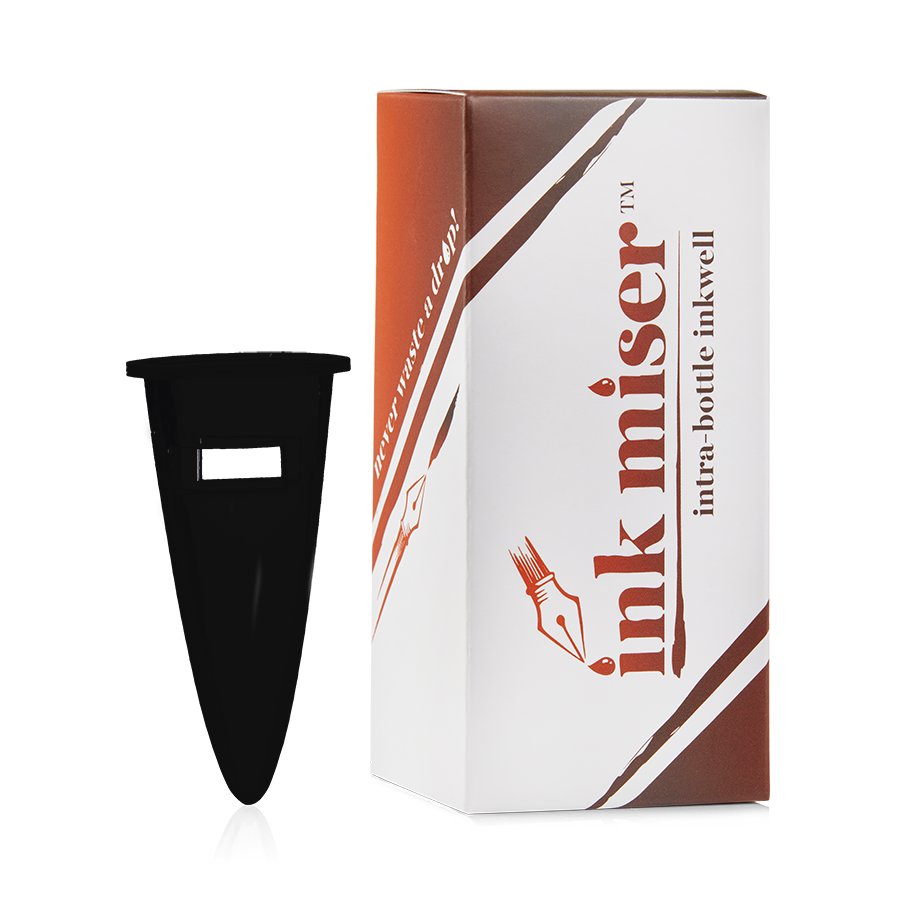 Intra-Bottle Inkwell - Black: Tapered insert shown with retail box, designed for extracting ink from Noodlers bottles, fits inside the bottle to create a shallow well.