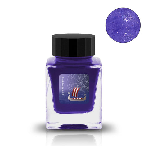 Iolite (Shimmer) - 30ml fountain pen ink by Tono & Lims, in a square glass bottle with black cap, featuring a purple shimmer and Viking-ship motif.