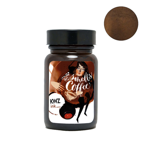 KWZ Ink It Smells Like Coffee fountain pen ink, 60ml glass jar, warm medium-brown shade, scented, ideal for unique writing experiences.