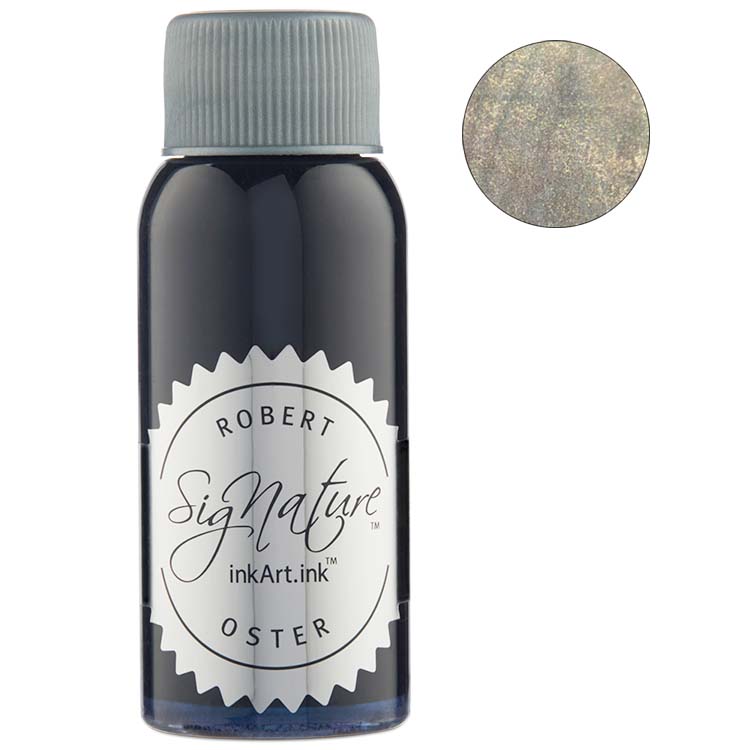 Robert Oster Jewel in the Crown (Shake 'N' Shimmy) fountain pen ink, 50ml bottle, showcasing shimmering effect on paper.