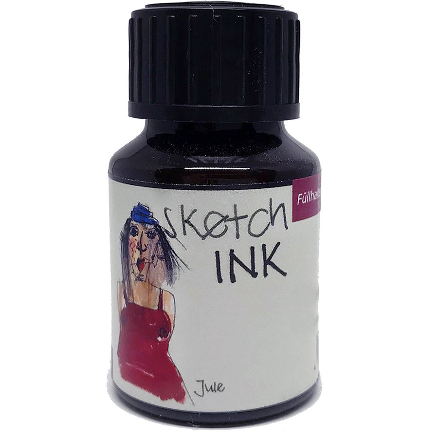 SketchINK - Jule (2ml) bottle with a black ribbed cap, featuring a watercolor sketch of a woman in a red dress on the label.
