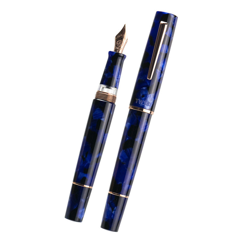 TWSBI Kai (LE) - Broad fountain pen with blue-black marbled resin, rose-gold trim, and gold nib. Includes ink window and screw-on cap.