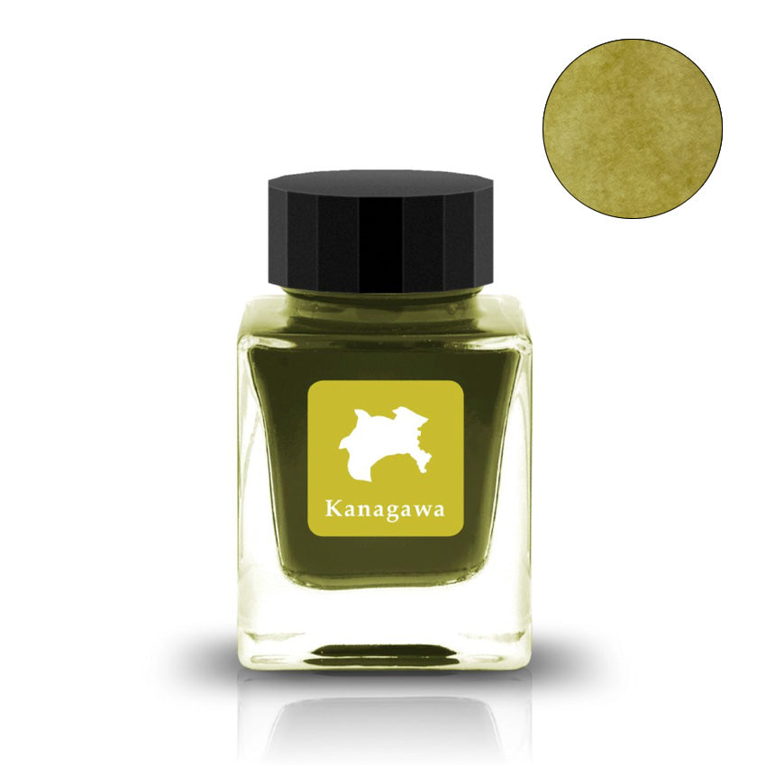Tono & Lims Kanagawa (Majestic Atmosphere) fountain pen ink, 30ml glass bottle with black cap, featuring olive-yellow/khaki green hue.